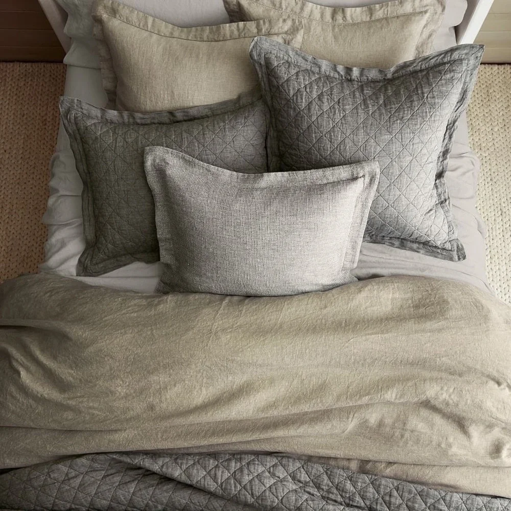 Pottery Barn PAIR Belgian Flax Linen Diamond Quilted Shams Grey SET (2)